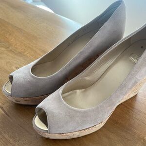Stuart Weitzman Suede Peep Toe Wedge Pumps Taupe Size 7.5